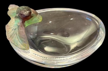 Signed Daum, France Art Glass Colored Frog on Bowl Figure