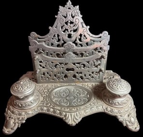 Cast White Metal Desk Letter Holder and Inkwell