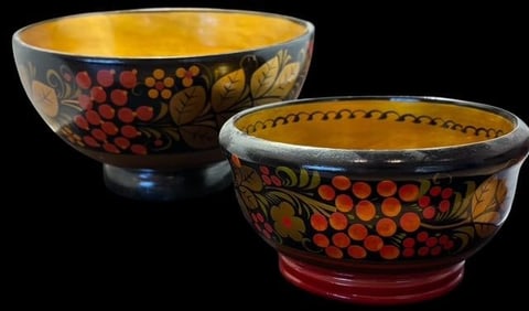 Pair of Hand Painted Russian Lacquerware Bowls