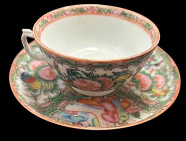 Antique Chinese Porcelain Rose Medallion Teacup and Saucer Ca1870