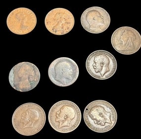 Lot of 10 British Copper Pennies 1863-1965