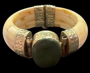 Mid-Century Bohemian Bone and Green Jasper Bracelet