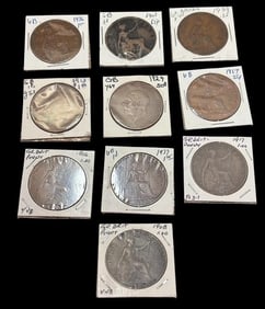 Lot of Ten Large British Copper Pennies Ca. Early 1900s