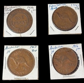 Lot of Four Australian "One Penny" Large Penny Collection 1936-1963