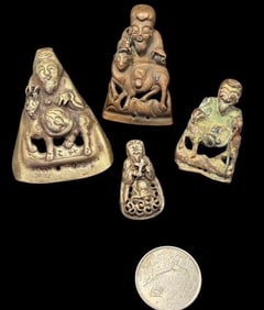 Lot Of Four Antique Chinese Brass Immortals Hat Amulets