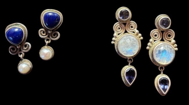 Pair of Sajen Sterling Earrings: Pair of Sajen sterling earrings. 1) Moonstone and Amethyst and measure 1.5" x .5". 2) Faux pearl and lapis stone. Measure .25" x .75".
