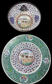 Iranian Enamel on Copper Bowl and Plate Set