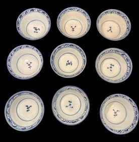 Lot of Nine Qianlong Qing Dynasty Blue and White Bowls/Tea Cups