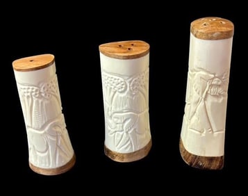Lot of Three Hand Carved South African Bone Salt and Pepper, Spice Shakers