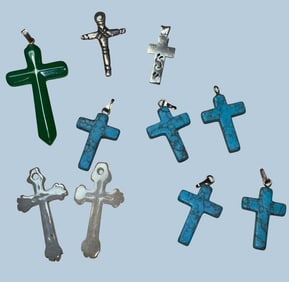 Lot of Ten Cross Pendants Jade, Turquoise, Sterling