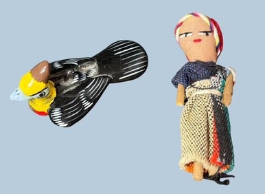Two Folk Art Pieces Guatmalan Doll and Lacquered Bird Ornament