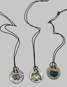 Lot of Three Pottery Necklaces with Bear Fetish, Silver Thunderbird, and Turquoise Piece