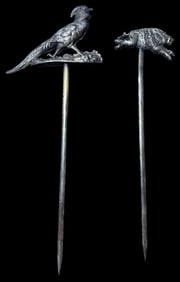 Two Antique Silverplate French Skewers Pheasant and Boar