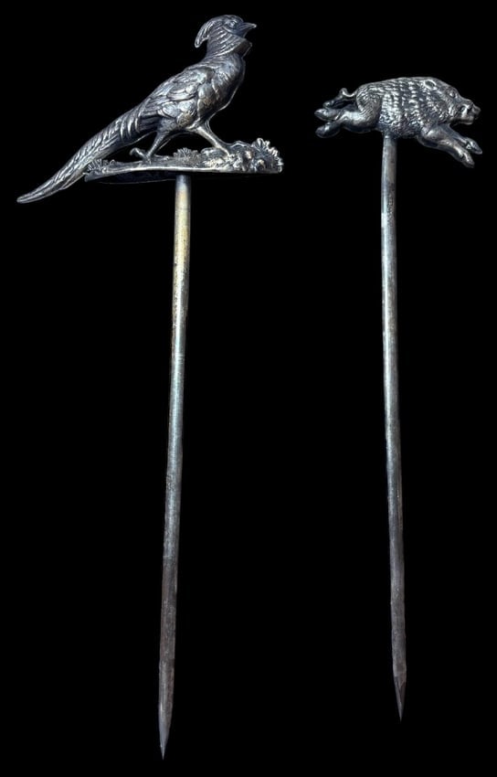Two Antique Silverplate French Skewers Pheasant and Boar: Antique silverplate French skewers H. France and Co. Pheasant and Boar. Approximately 9" each.