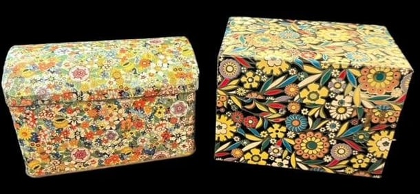 Lot of Two Mid Century Floral Decorative Tin Boxes J. Chein and Co. and England