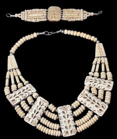 Antique Hand Carved Bone Necklace and Bracelet Set