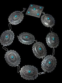 Native American Sterling and Turquoise Concho Belt