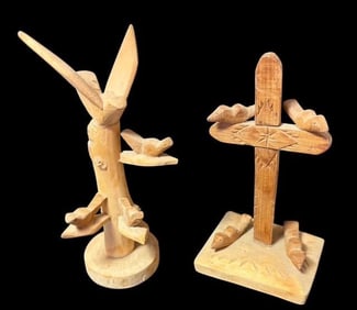 Lot of Two Hand Carved Signed Wooden Figures George Lopez, Cordova NM