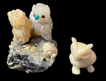 Pair of Carved Stone and Crystal Owl Figures