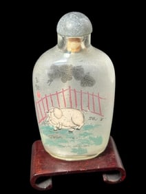 Glass Reverse Painted Snuff Bottle with Wood Stand