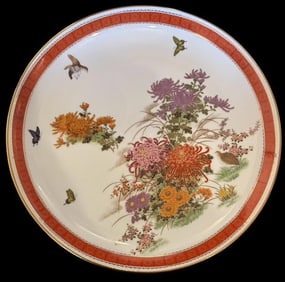 Large Mid-Century Plate Asian Butterfly and Quail