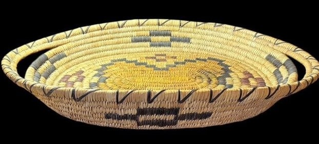Hand Woven Papago Basket Platter with Butterfly and Geometrical Design