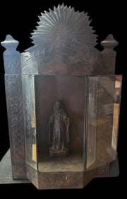 Hammered Copper Shadow Box/Nicho with Wooden Carved Religious Figure