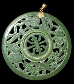 Chinese 18K Gold and Green Jade Carved Pendant