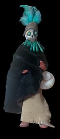 Hand Carved Driftwood Doll with Malachite Necklace and Shell Purse