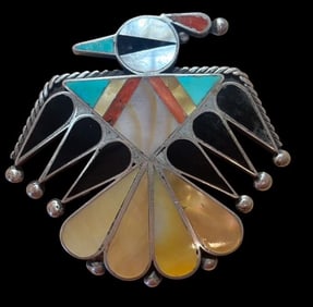 Native American Zuni Signed Thunderbird Pendant with Inlaid Stones SIgned D. Chavez