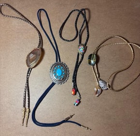 Lot of Four Bolo Ties with Agate, Tiger's Eye, Millefiori, Nickel