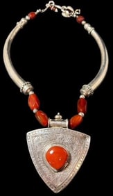Vintage Cornelian Sterling and Agate Tribal Tibetan Collar Necklace