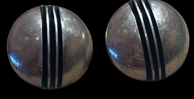 Native American Navajo Sterling Pierced Earrings Signed Y: Native American Navajo sterling pierced earrings. Signed Y and marked sterling. Measures 1" around and weighs 9.2g.