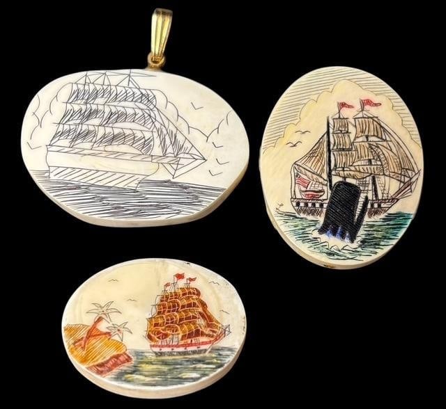 Three Hand-Painted Scrimshaw Cabs and Pendant: Three beautiful hand-painted ship design scrimshaw pendant and two cabs. Pieces measure: 1.25"X1", 1"x.75", 1"x1.25"