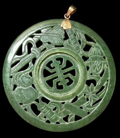 Chinese 18K Gold and Green Jade Carved Pendant