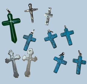 Lot of Ten Cross Pendants Jade, Turquoise, Sterling