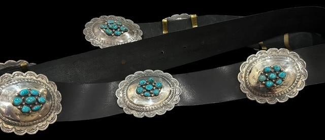 Native American Navajo Signed Leather, Turquoise and Silver Concho Belt (1 of 4)