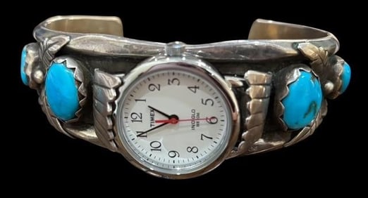 Native American Navajo Signed Carl Luthy Turquoise and Sterling Watch Bracelet