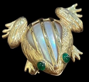 14K Gold Frog Shaped Brooch with Baroque Pearl and Emerald Eyes