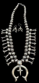 Native American Silver Squash Blossom Necklace and Earring Set