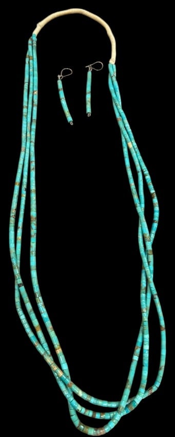Multi Strand Heishi Turquoise Necklace with Matching Earrings: Multi strand heishi turquoise necklace with matching earrings. Three strands measuring 26". Strung on thread. Earrings measure 2".