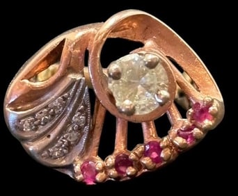 Antique 14K Rose Gold and Ruby and Diamond Chip Ring Ca. 1920s New York