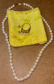 Pearl Ring, Earring and Necklace Set in 14K gold Authentic