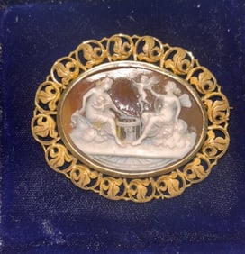 18K Gold and Jasperware Carved Brooch