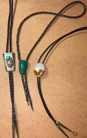 Lot of Three Bolo Ties Sterling, Turquoise, Coral, Jade, Jasper Stone
