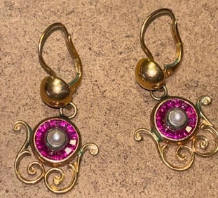 14K Gold and Ruby and Pearl Earrings