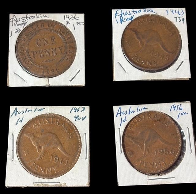 Lot of Four Australian "One Penny" Large Penny Collection 1936-1963: Lot of four Australian "one penny" large pennies. Dated 1936, 1943, 1956 and 1963.