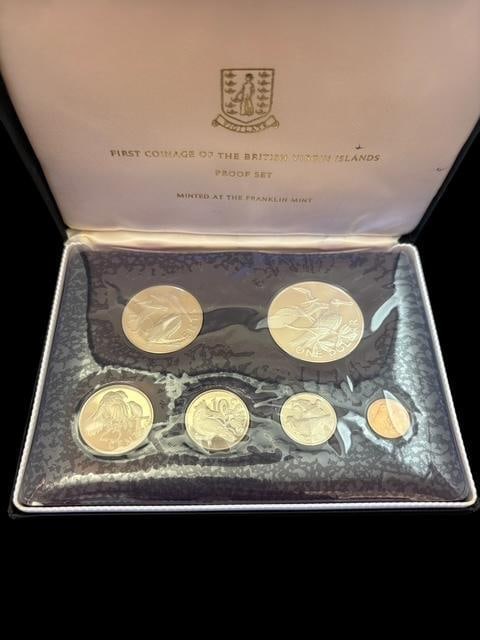 First Coinage of the British Virgin Islands Six Coin Proof Set: First coinage of the British Virgin Islands. Six-coin set minted at the Franklin Mint. In original case.