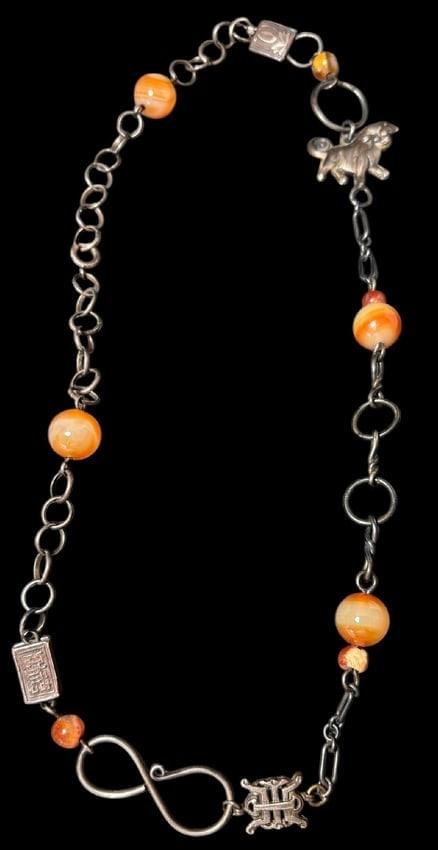 Antique Chinese Necklace with Jade Beads and Foo Dog Charm: Chinese antique sterling necklace with jade beads and silver foo dog. 22".