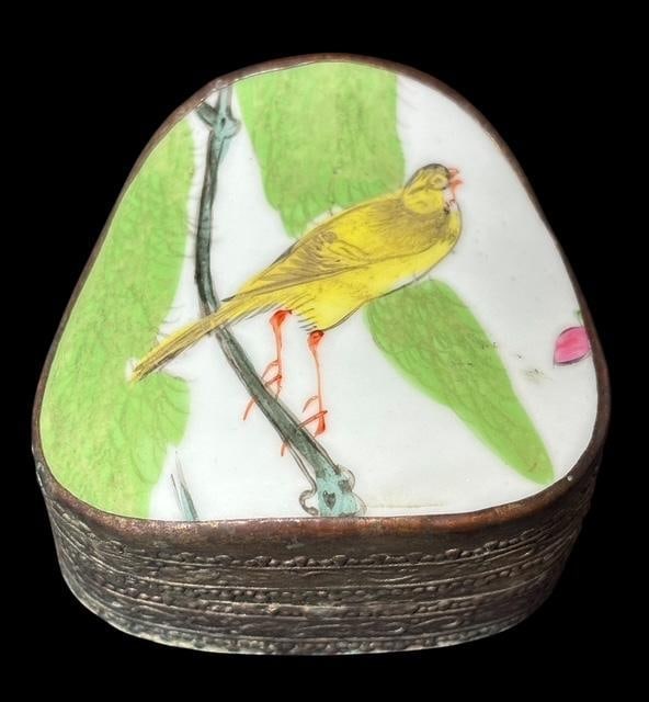 Hand-Painted Bird on Porcelain Asian Trinket Box: Asian silver tone box with a bird on branch design on top. Hand painted. Measures 3.25" x 3" x 1.25". 800 silver